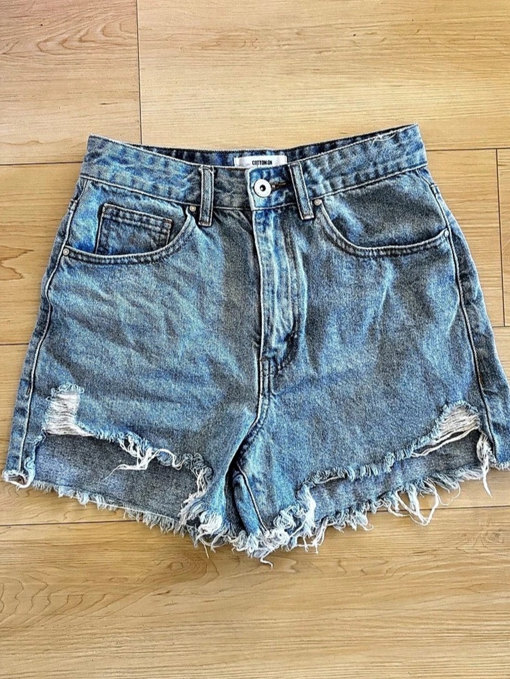 Cotton-On High Rise Ripped Jean Shorts Blue Size 4